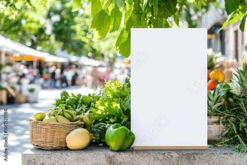 Blank sign in outdoor market with fresh vegetables and fruits displayed