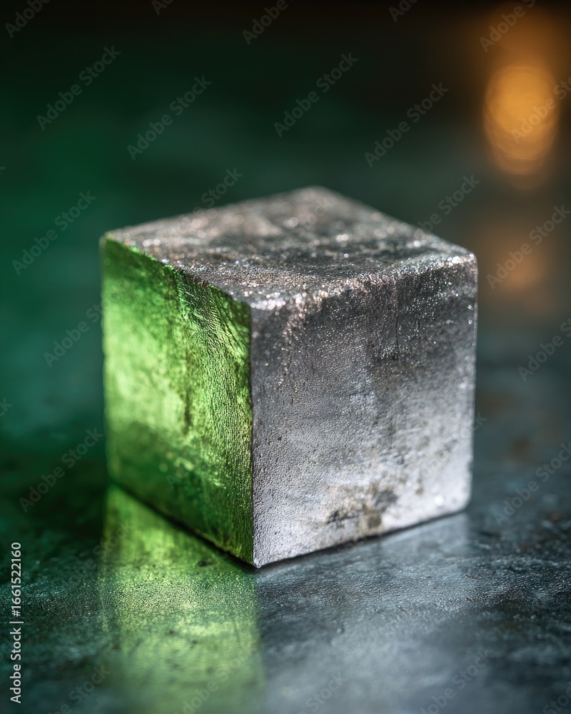 Close-up of a square mineral specimen. Green and silver hues Close-up of a square mineral specimen. Green and silver hues