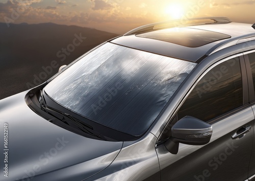 SUV with sunshade on windshield at sunset