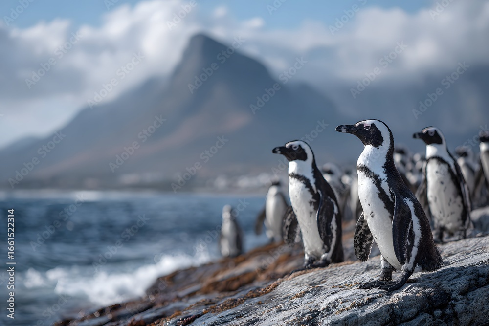 Fototapeta premium Colony of penguins on rugged rocky shoreline with vast ocean and expansive sky view
