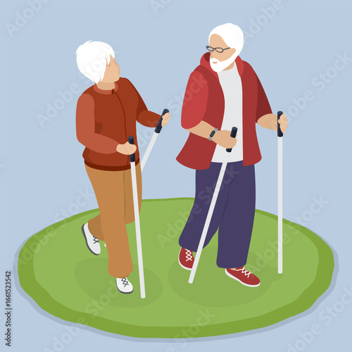 Outdoor sport activity for elderly people. Active couple of pensioners performing nordic walking with sticks. Isometric flat illustration.