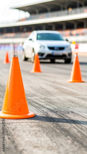 Silver car driving on a track with cones