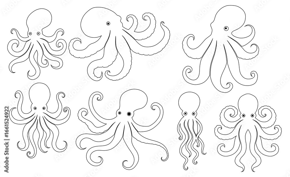 Fototapeta premium Vector set of contour octopus silhouettes isolated from background. Collection of outline monster with tentacles clip arts