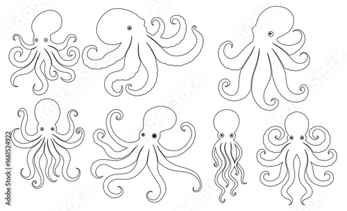Vector set of contour octopus silhouettes isolated from background. Collection of outline monster with tentacles clip arts