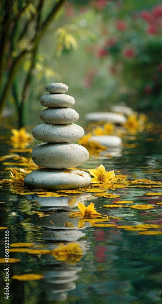 Obraz premium Stacked stones in a tranquil water garden
