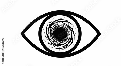 Abstract black and white eye with swirling vortex pupil isolated on white background, symbolizing vision, perception, and the unknown