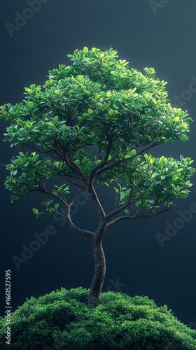 Digitally rendered tree with vibrant green leaves sits atop a bed of moss against a dark gradient background