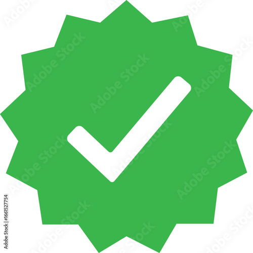 Verified checkmark icon inside a green starburst seal. A flat vector graphic symbol for approval, certification, and success. whatsapp