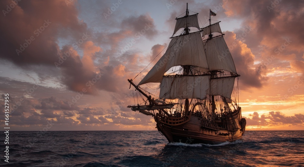 Obraz premium Wooden sailing ship at sunset. Vast, dramatic clouds