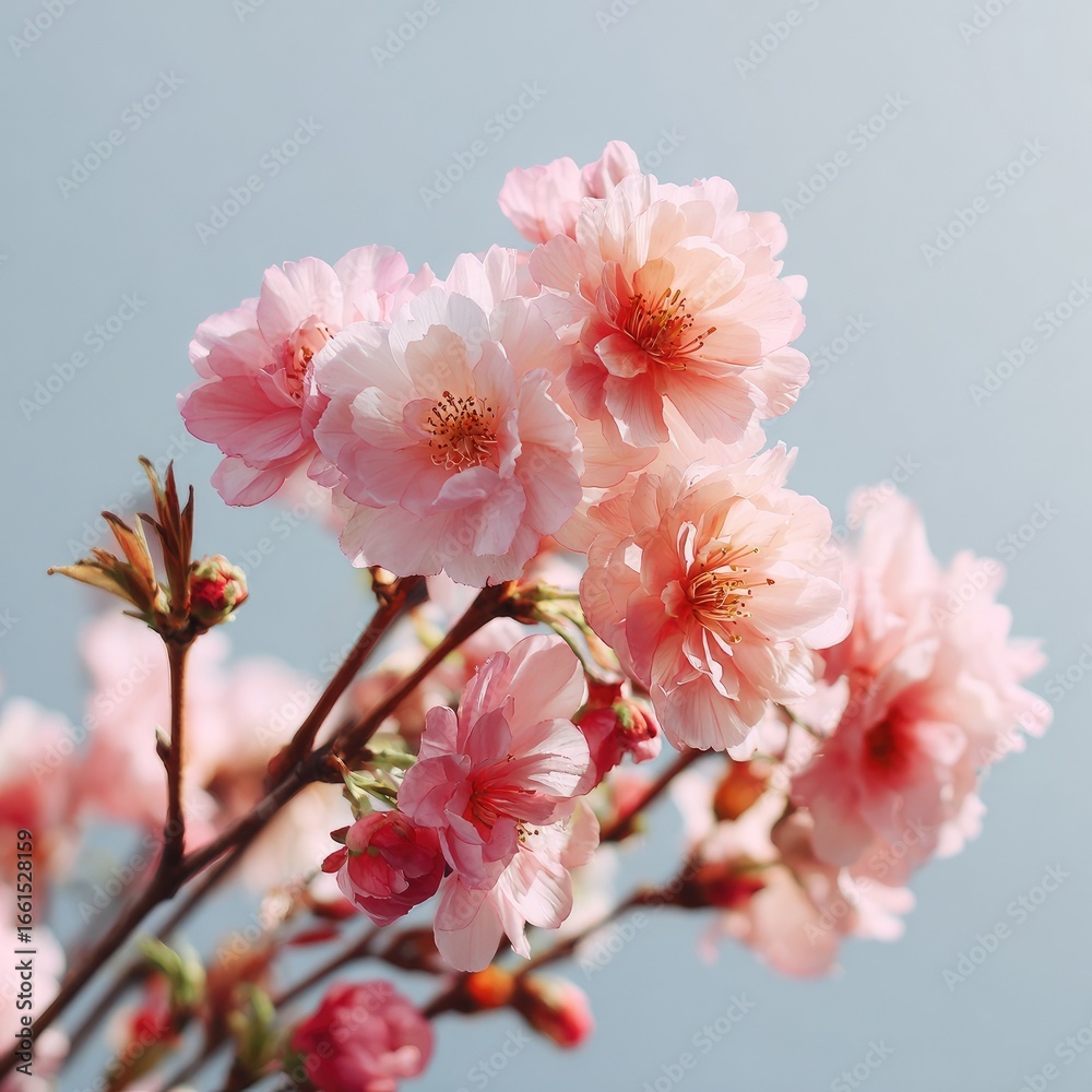 Fototapeta premium Delicate pink cherry blossoms against a pale sky