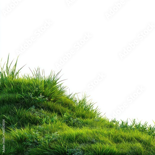 A fresh green grass border and spring plant growth isolated on a white background create a lush summer lawn frame for garden and nature environment objects