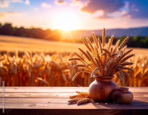 Drewniany blat z bukietem zboża w wazonie. W tle łany zboża. Wiejski krajobraz, żniwa, plony, zbiory, jesień. © Monika