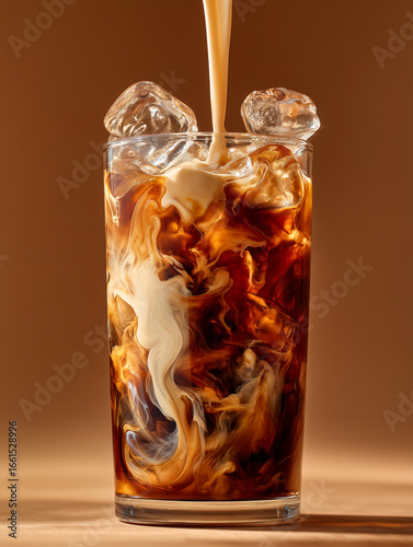 Refreshing glass of iced coffee with milk pouring in, creating beautiful swirling patterns in the dark liquid with ice cubes, isolated on a warm brown background
