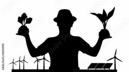 Silhouette of a farmer holding plants with wind turbines and solar panels in the background design