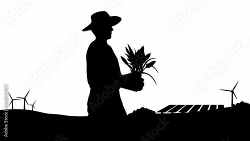 Silhouette of a farmer holding plants with wind turbines and solar panels in the background landscape view
