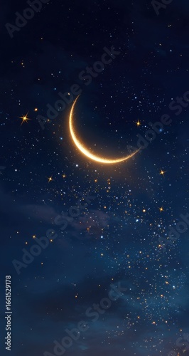 Crescent moon bathed in starlight against a deep blue night sky