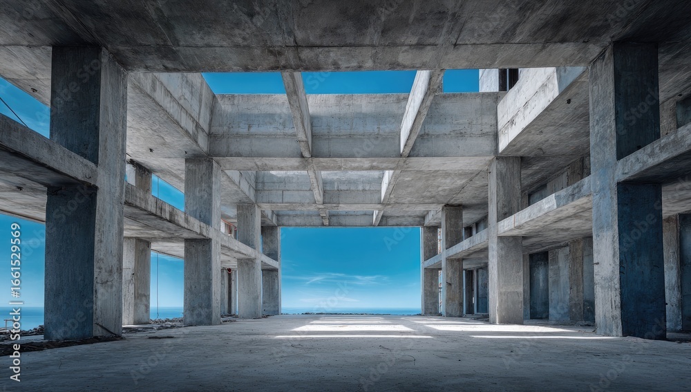 Obraz premium Empty concrete construction site, interior view. Vast open space, exposed framework, blue sky, horizon