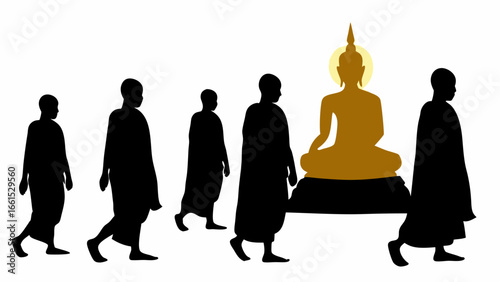 Silhouetted monks walking in procession with golden buddha statue in a serene and spiritual setting