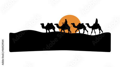 Silhouette of a camel caravan with riders against a sunset backdrop in a desert landscape scene art