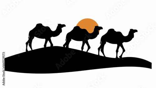 Three black camels silhouetted against a sunset sky walking on a desert dune landscape scene at dusk