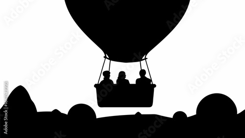 Silhouette of a hot air balloon carrying three passengers over a hilly landscape in black and white style