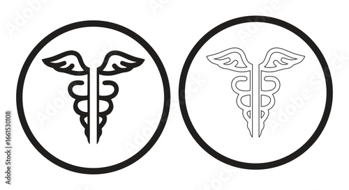 Medical symbols with caduceus and wings in circular frames silhouette