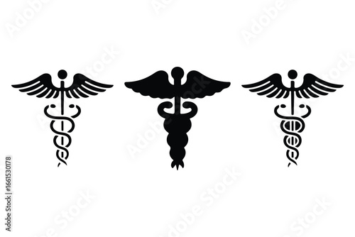 Medical symbols featuring the rod of Asclepius with wings and snakes on a white background silhouette medical logo