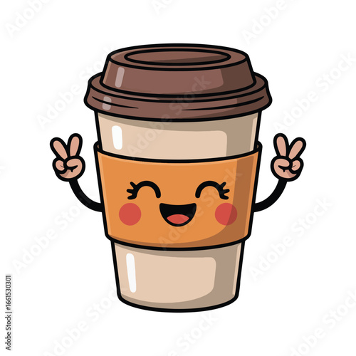 A cute kawaii coffee cup cartoon character with a happy smiling face making peace signs. A cheerful takeaway drink vector illustration