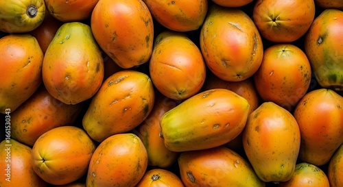 Abundant Papaya Harvest: A Close-Up of Ripe and Unripe Tropical Fruits
