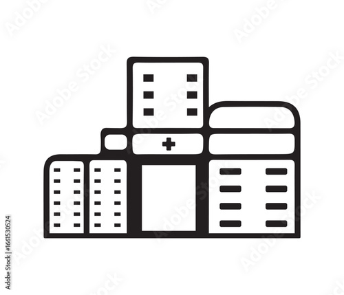 A simple black and white illustration of a hospital building complex silhouette
