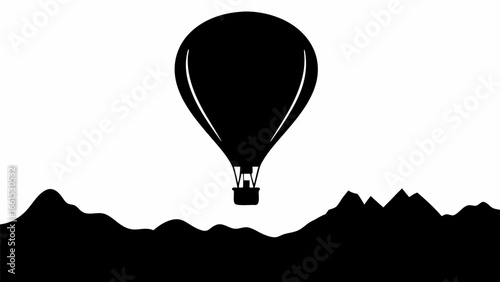 Silhouette of a hot air balloon flying over a mountain range against a white background landscape view