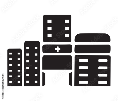 A black and white icon of a hospital or clinic in a city silhouette