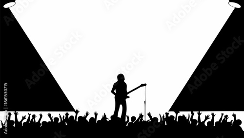 Silhouette of a guitarist performing on stage with spotlights and an enthusiastic crowd cheering below them