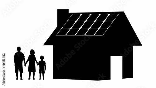 Silhouette of a family standing in front of a house with solar panels on the roof in black and white