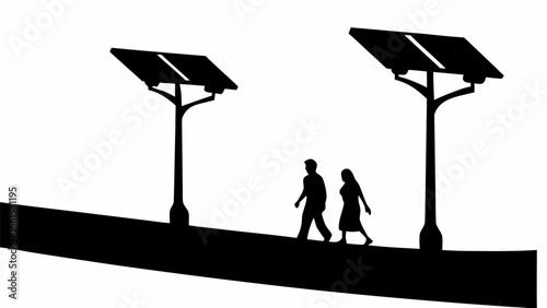Silhouette of a couple walking under solar panel streetlights on a white background in the evening light