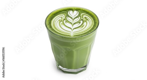 Artisanal Matcha Latte with Elegant Tulip Heart Foam Art in a Faceted Glass on White.