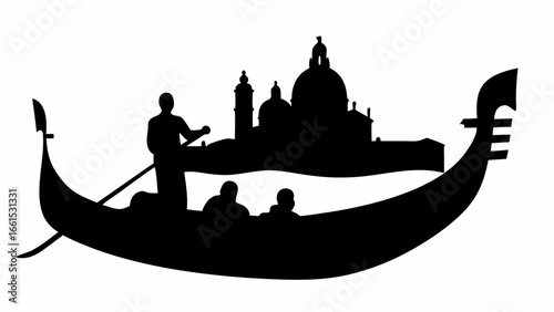 Black silhouette of a gondola with people and a cityscape background in a simple vector graphic style