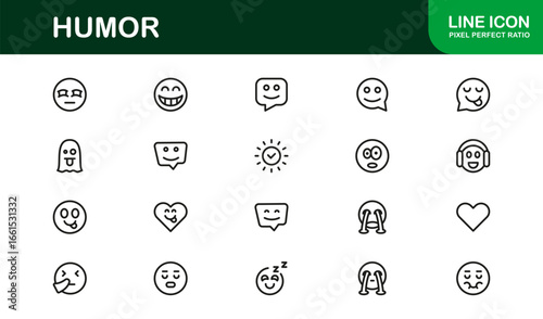 Humor Symbol Set – Flat Linear Outline Vector Collection with Laughter, Comedy, Funny Face, Joke, Smile, Entertainment, Minimal Clean Pack for Apps, Websites, and Branding