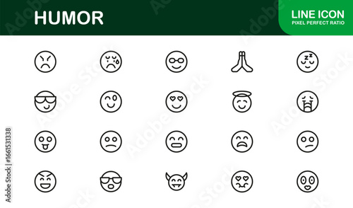Humor and Laughter Icons – Minimal Flat Linear Outline Vector Set with Funny Face, Joke, Comedy Mask, Smile, Entertainment, Clean Collection for Web, UI, and Infographics