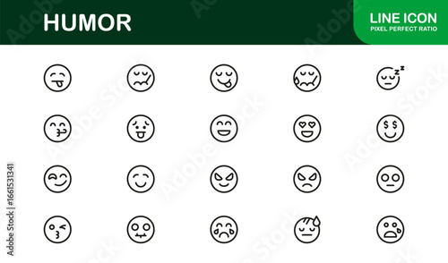 Funny Icons Pack – Flat Outline Linear Vector Collection with Humor, Comedy, Laughter, Joke, Smile, Entertainment, Minimal Modern Pack for Apps, Websites, and Infographics