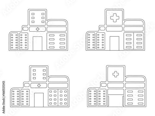 Line drawings of various hospital building designs and medical facilities architecture styles silhouette