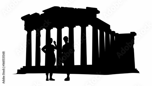 Silhouette of the parthenon with tourists standing in front of the ancient greek temple in athens greece