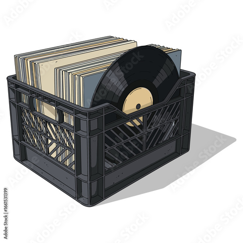 Vintage Vinyl Records Collection in Crate for Music Lovers and Retro Enthusiasts Illustration
