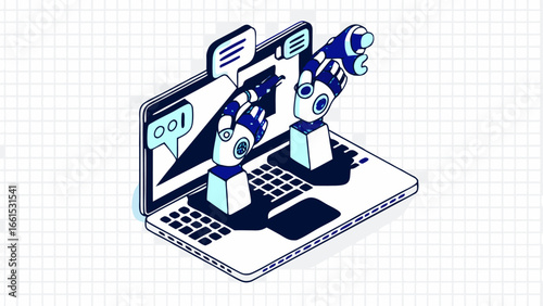 Robotic arms emerging from laptop screen with speech bubbles in a digital environment illustration silhouette