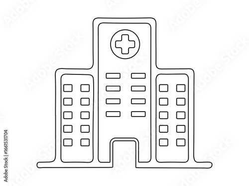 A line drawing of a hospital building with a medical cross on top silhouette