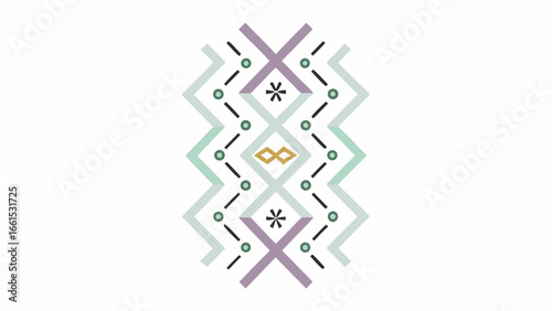 Geometric pattern featuring zigzags crosses dots and a central infinity symbol in muted pastel colors silhouette