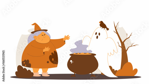 Illustration of a witch with a cauldron, a ghost with a bird, and a bare tree for halloween silhouette