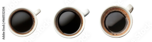 Three cups of black coffee, viewed from above, on a stark black backdrop.