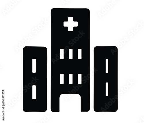 A simple black and white icon of a hospital building with a cross silhouette