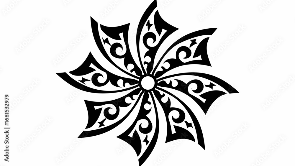 Fototapeta premium Stylized black and white floral design with swirling patterns radiating from a central circle shape silhouette